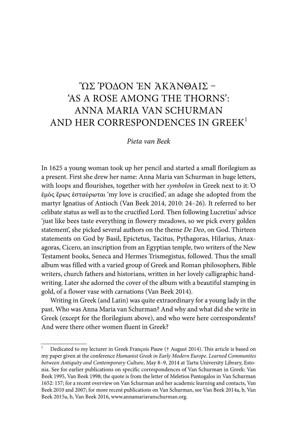 Anna Maria Van Schurman and Her Correspondences in Greek1