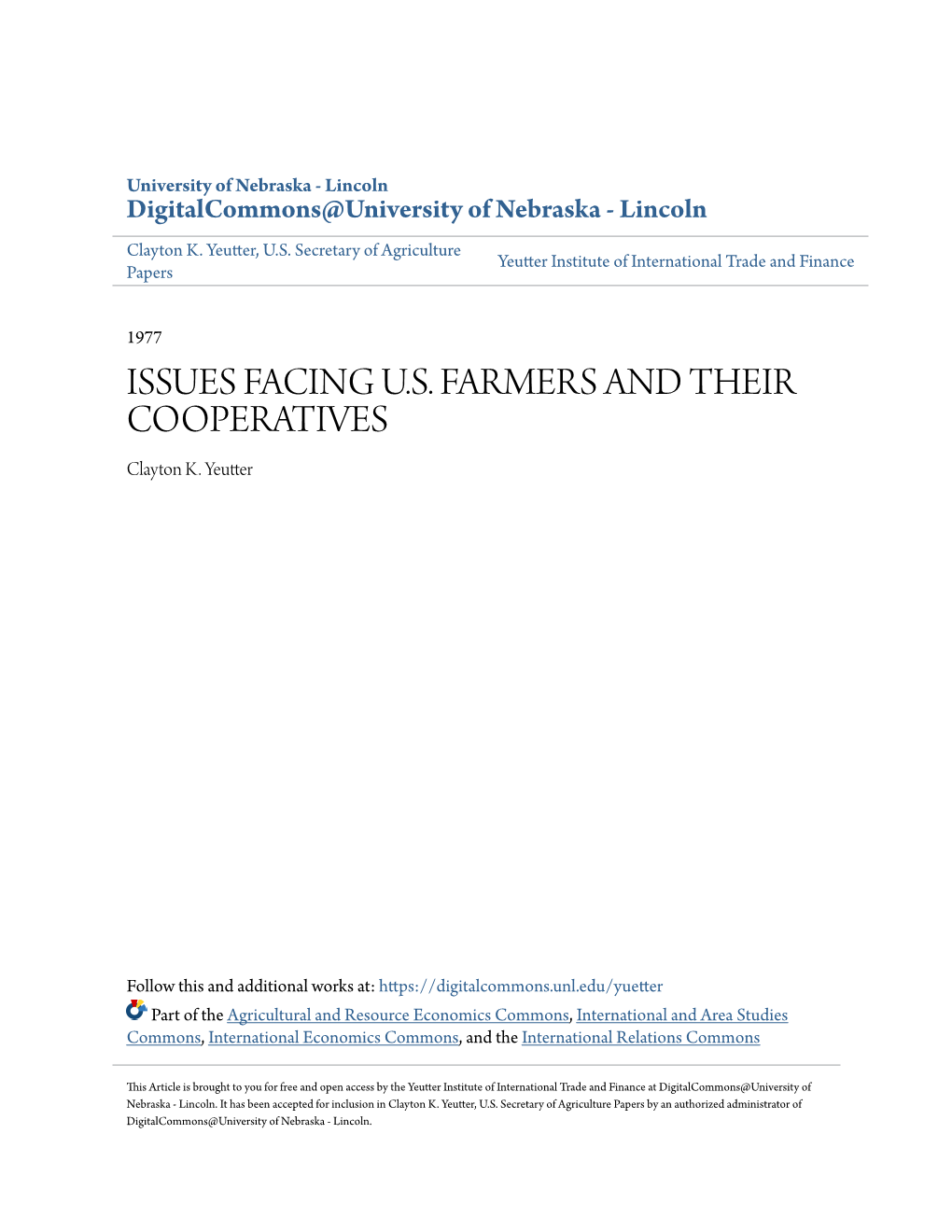 ISSUES FACING U.S. FARMERS and THEIR COOPERATIVES Clayton K