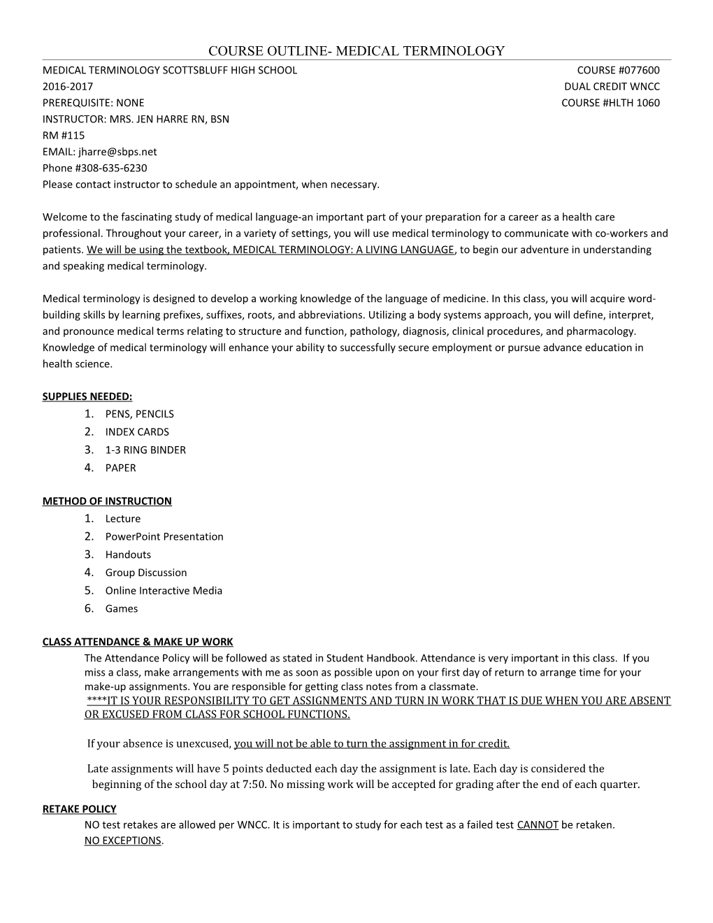 Course Outline- Medical Terminology