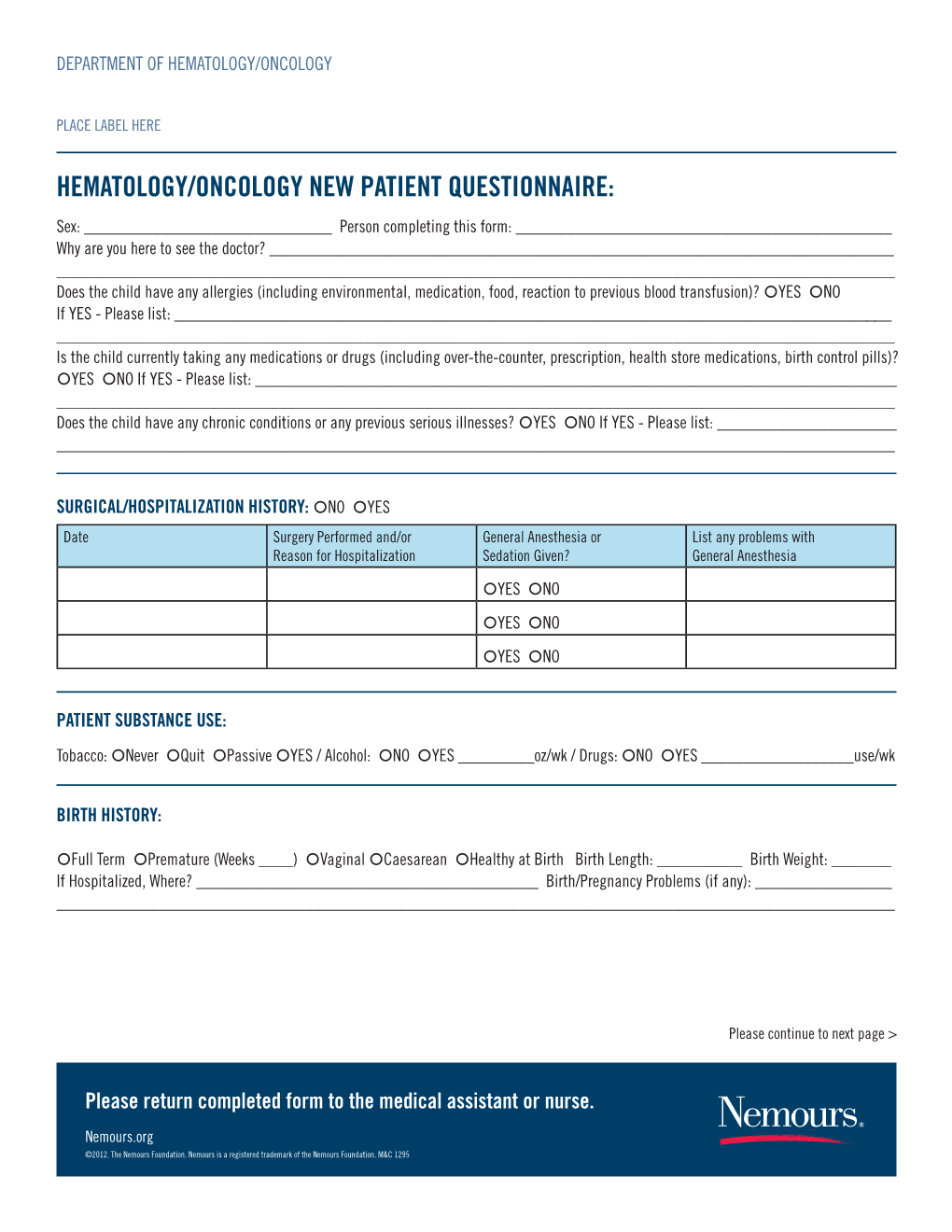 HEMATOLOGY/ONCOLOGY New Patient Questionnaire