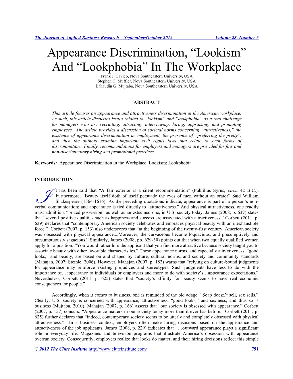 Appearance Discrimination, “Lookism” and “Lookphobia” in the Workplace Frank J