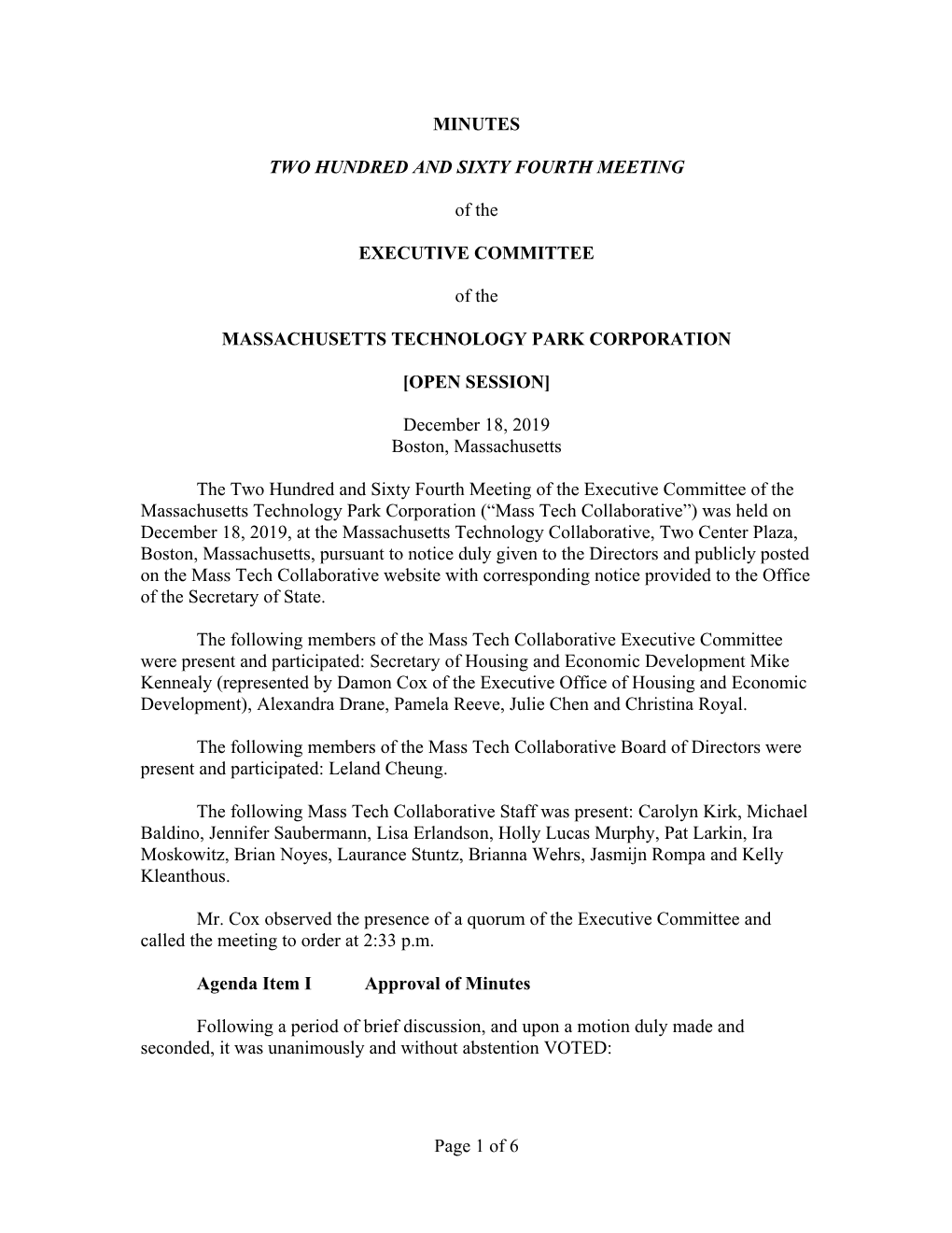 Draft Minutes of the Two Hundred and Sixty Third Meeting of the Executive Committee, Held on November 6, 2019, in Boston Massachusetts As the Formal Minutes Thereof