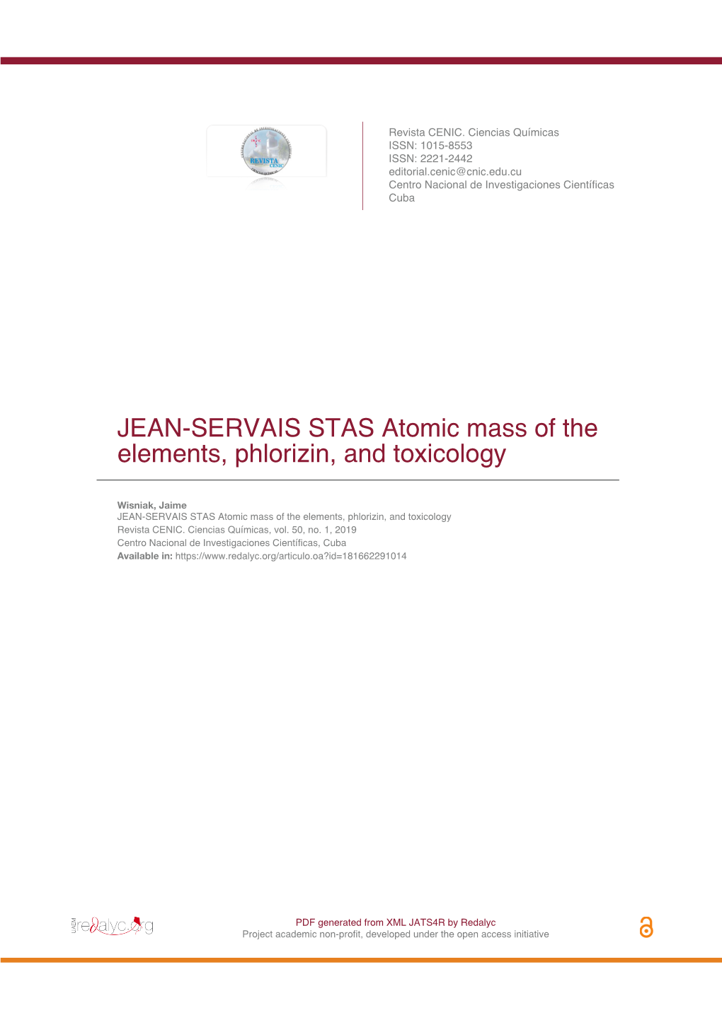 JEAN-SERVAIS STAS Atomic Mass of the Elements, Phlorizin, and Toxicology