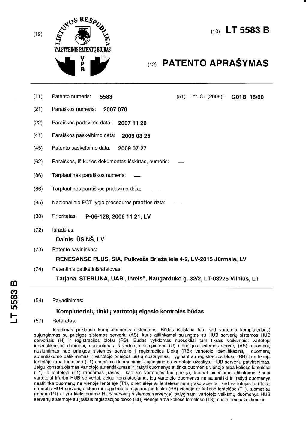 5583 B (1E) G*6'E YALSIYBIMSPATINTU BITIRAS \H7 (12)PATENTO Apnasvuas