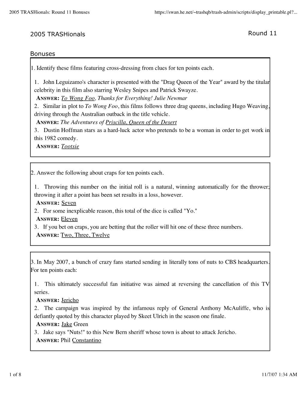 2005 Trashionals: Round 11 Bonuses