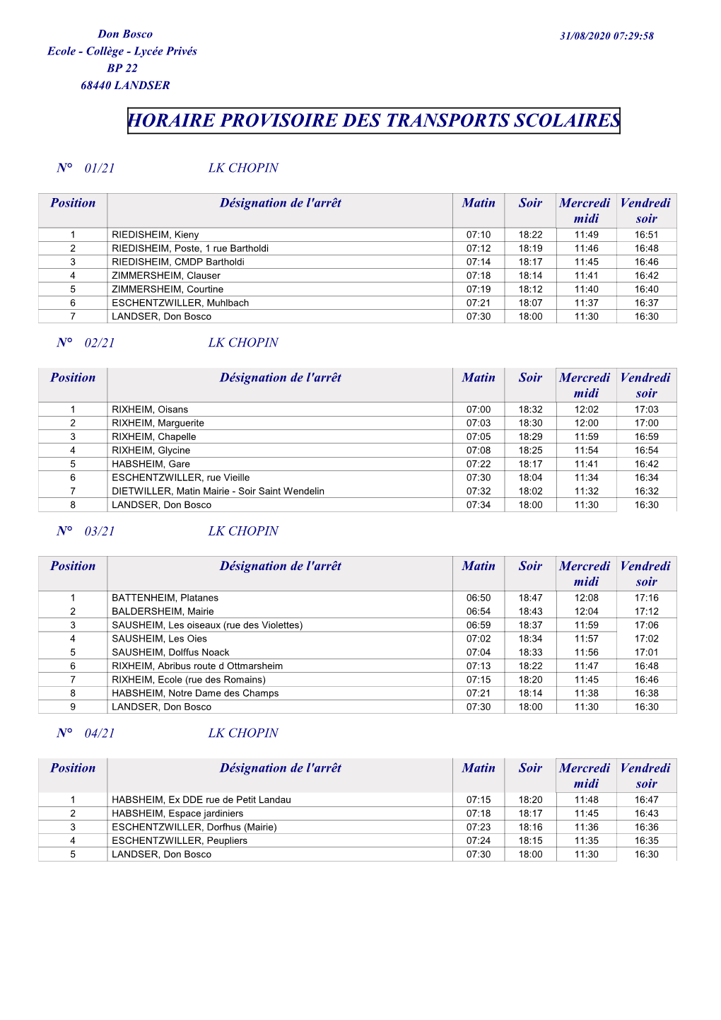 Horaire Provisoire Des Transports Scolaires