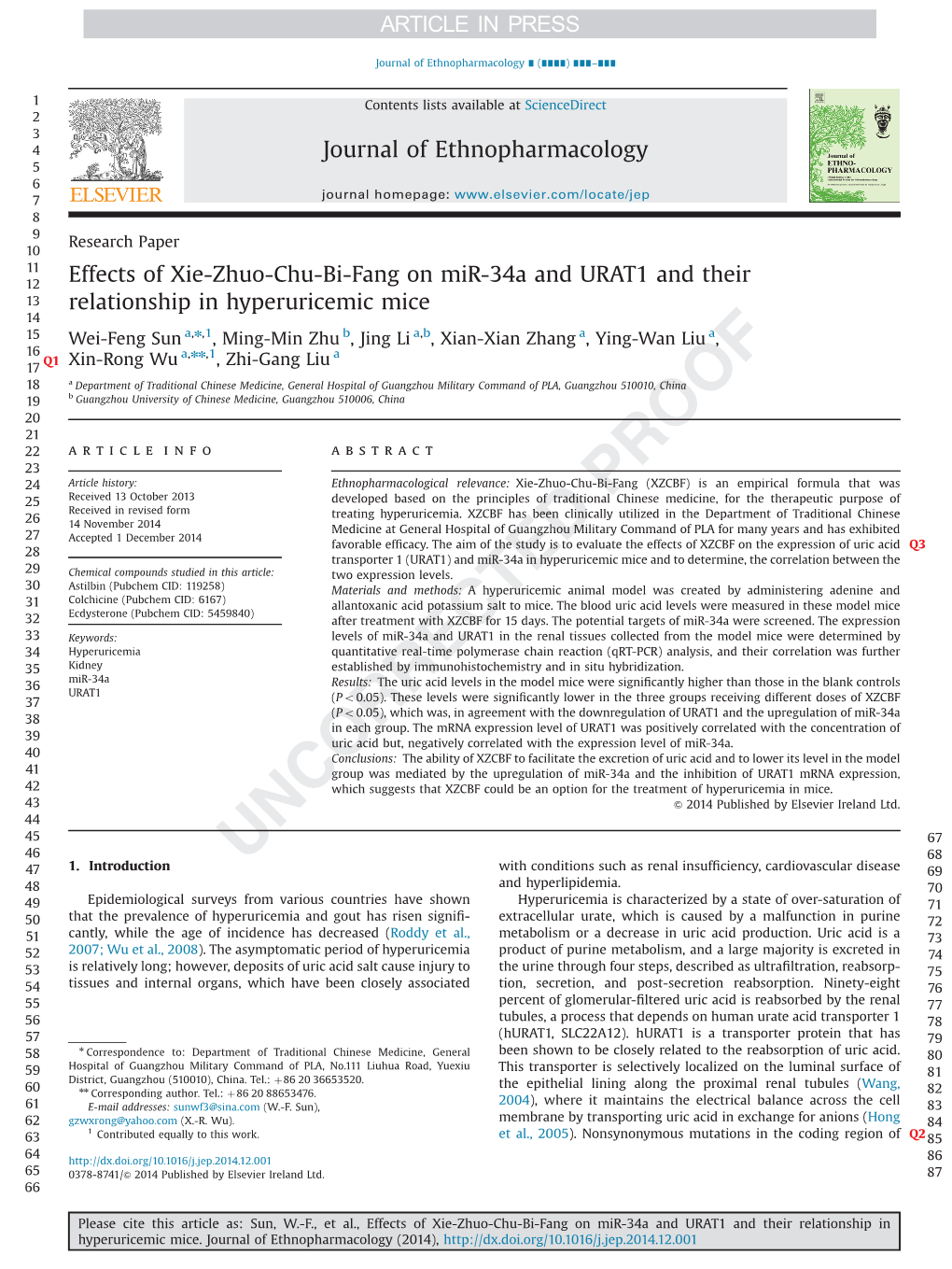 Effects of Xie-Zhuo-Chu-Bi-Fang on Mir-34A and URAT1 and Their