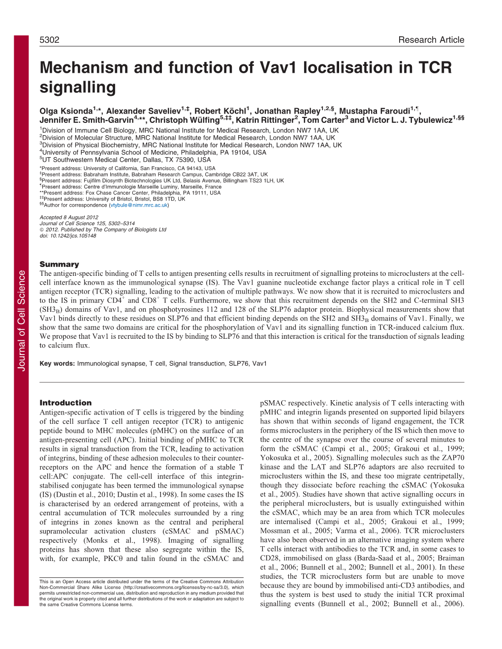 Mechanism and Function of Vav1 Localisation in TCR Signalling