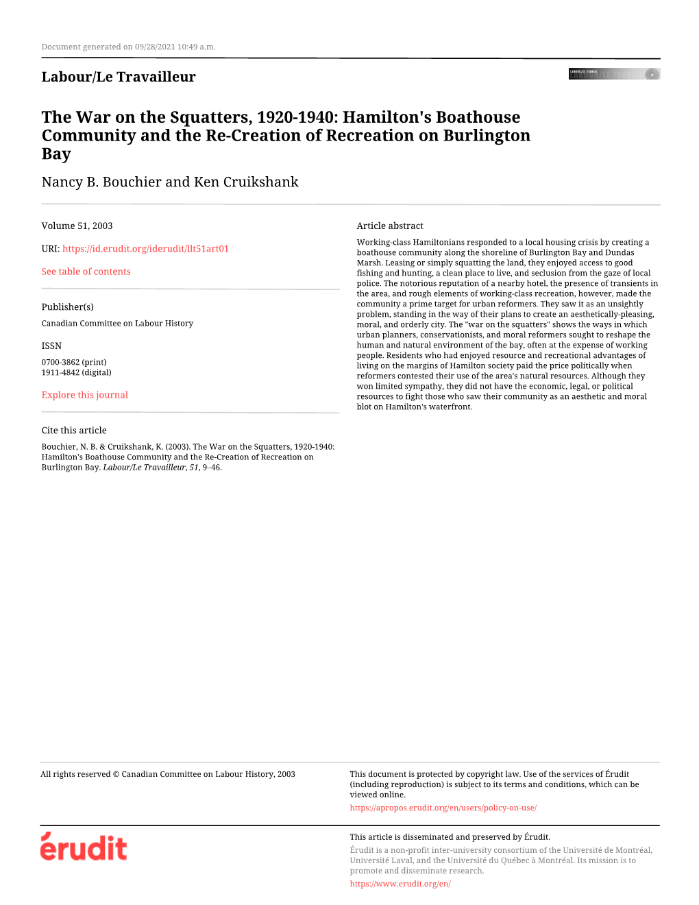 The War on the Squatters, 1920-1940: Hamilton's Boathouse Community and the Re-Creation of Recreation on Burlington Bay Nancy B