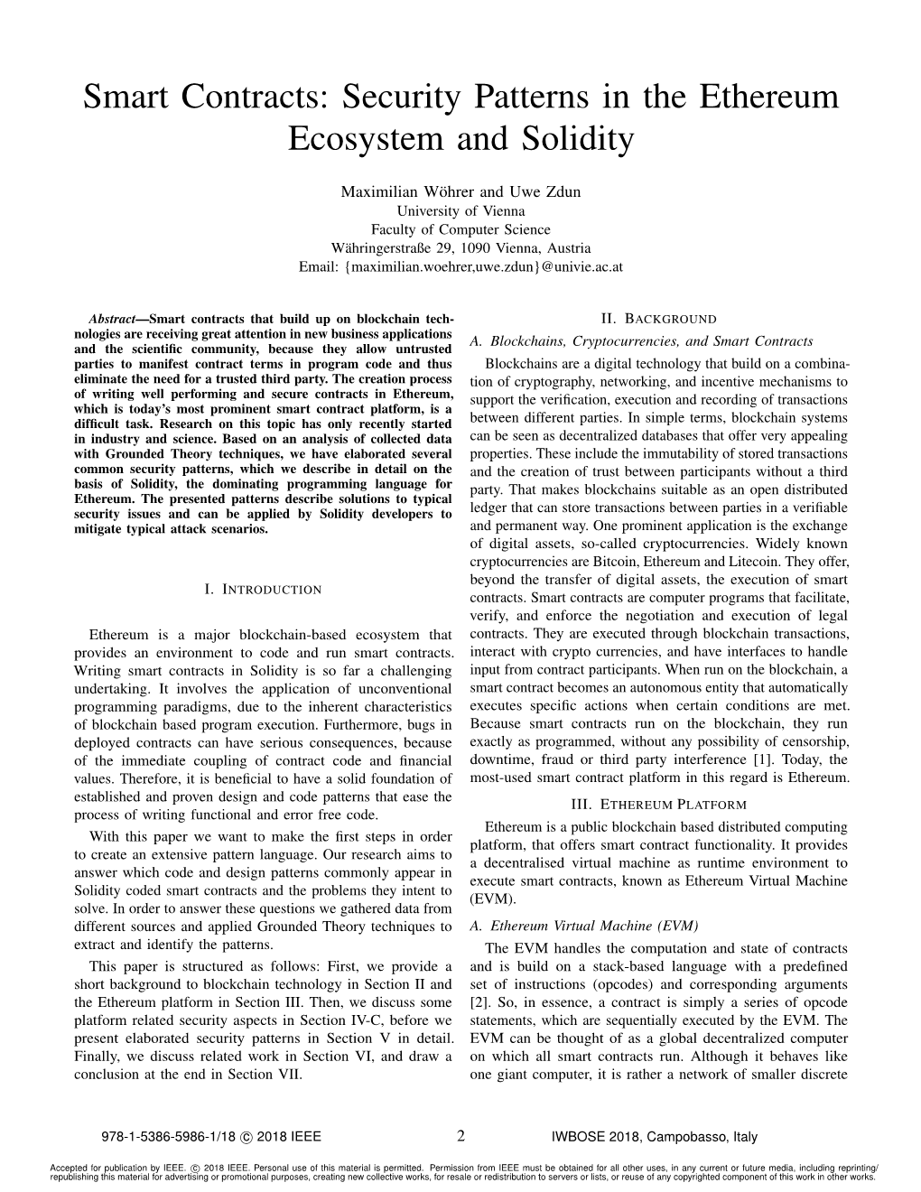 Smart Contracts: Security Patterns in the Ethereum Ecosystem and Solidity