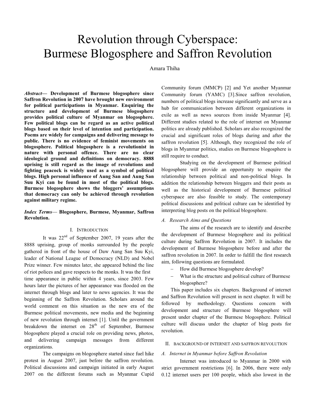 Revolution Through Cyberspace: Burmese Blogosphere and Saffron Revolution Amara Thiha