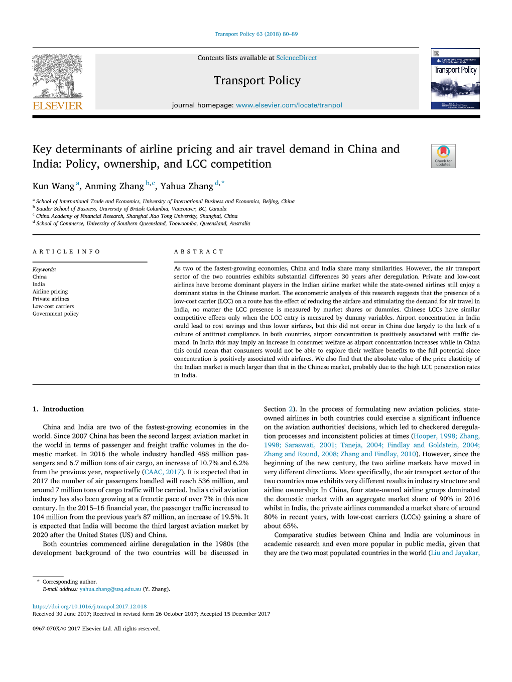 Key Determinants of Airline Pricing and Air Travel Demand in China and India: Policy, Ownership, and LCC Competition