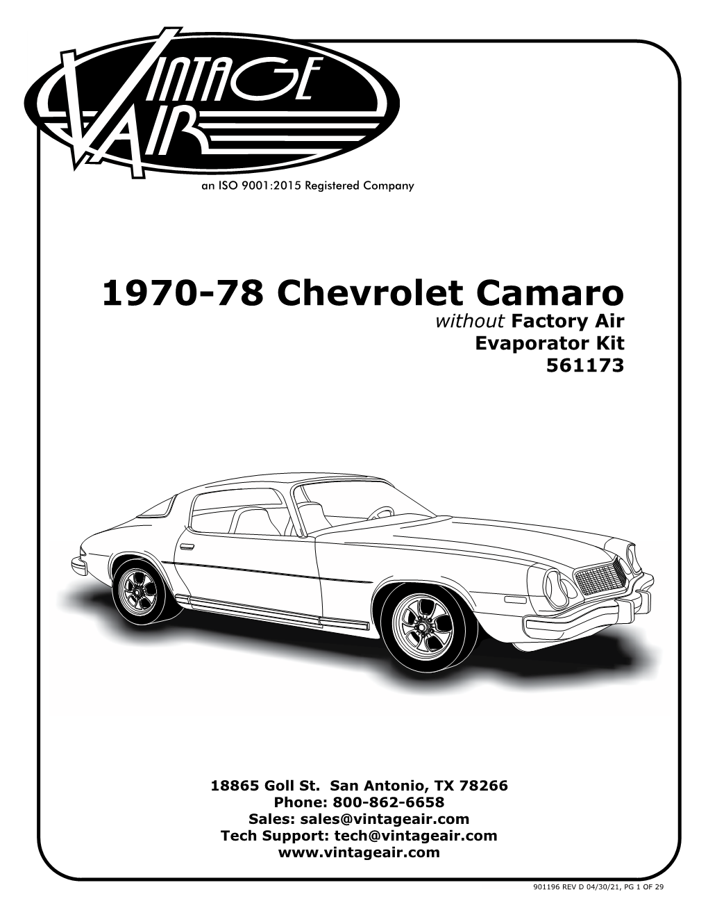 1970-78 Chevrolet Camaro Without Factory Air Evaporator Kit 561173