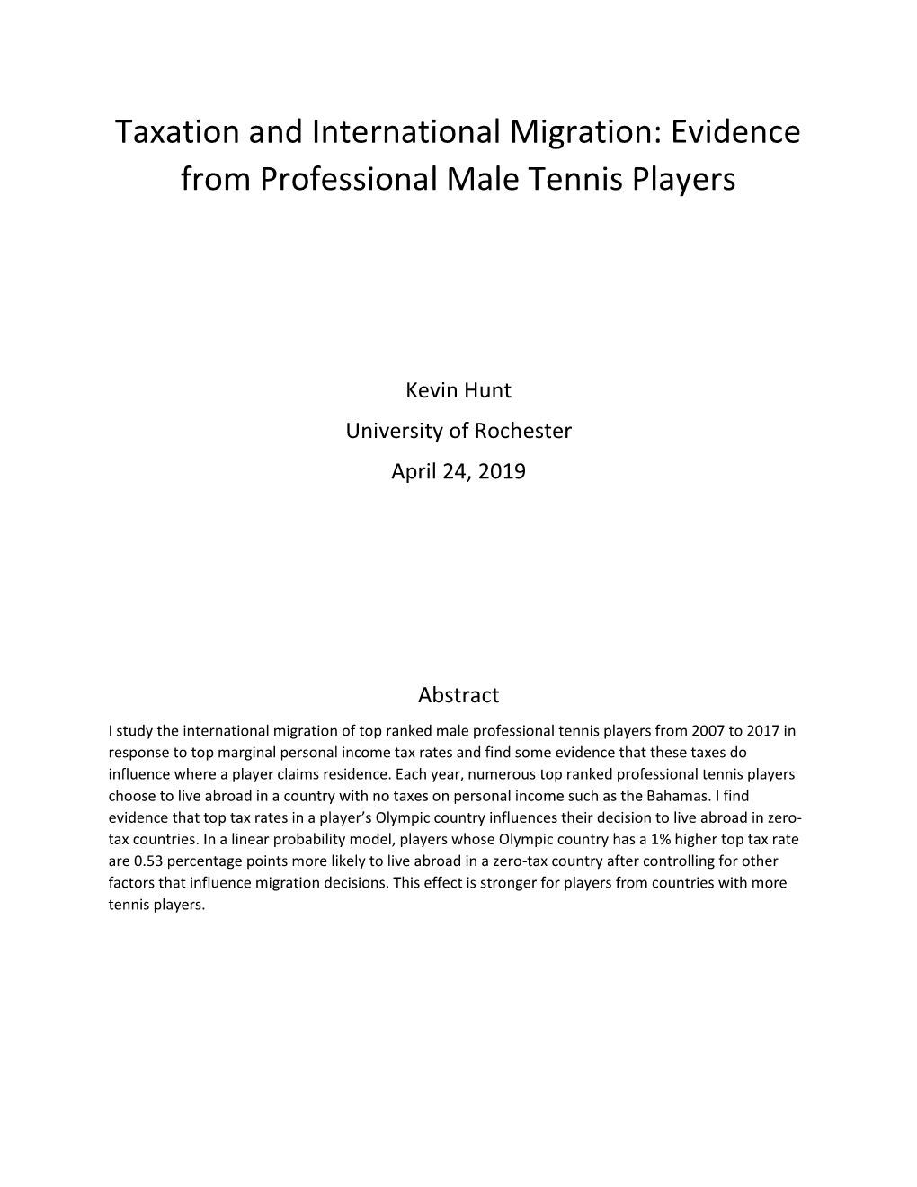 Taxation and International Migration: Evidence from Professional Male Tennis Players