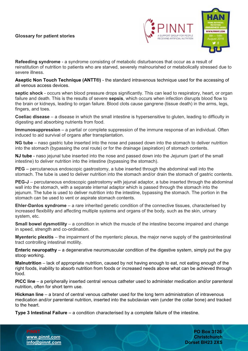 Glossary for Patient Stories Refeeding Syndrome