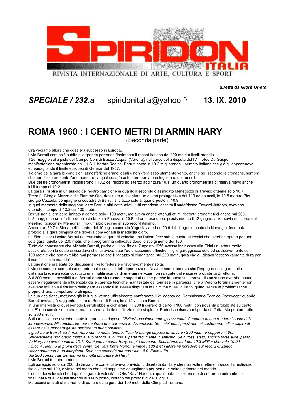 ROMA 1960 : I CENTO METRI DI ARMIN HARY (Seconda Parte)