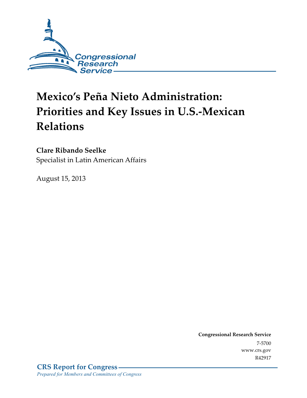 Mexico's Peña Nieto Administration: Priorities and Key Issues in US