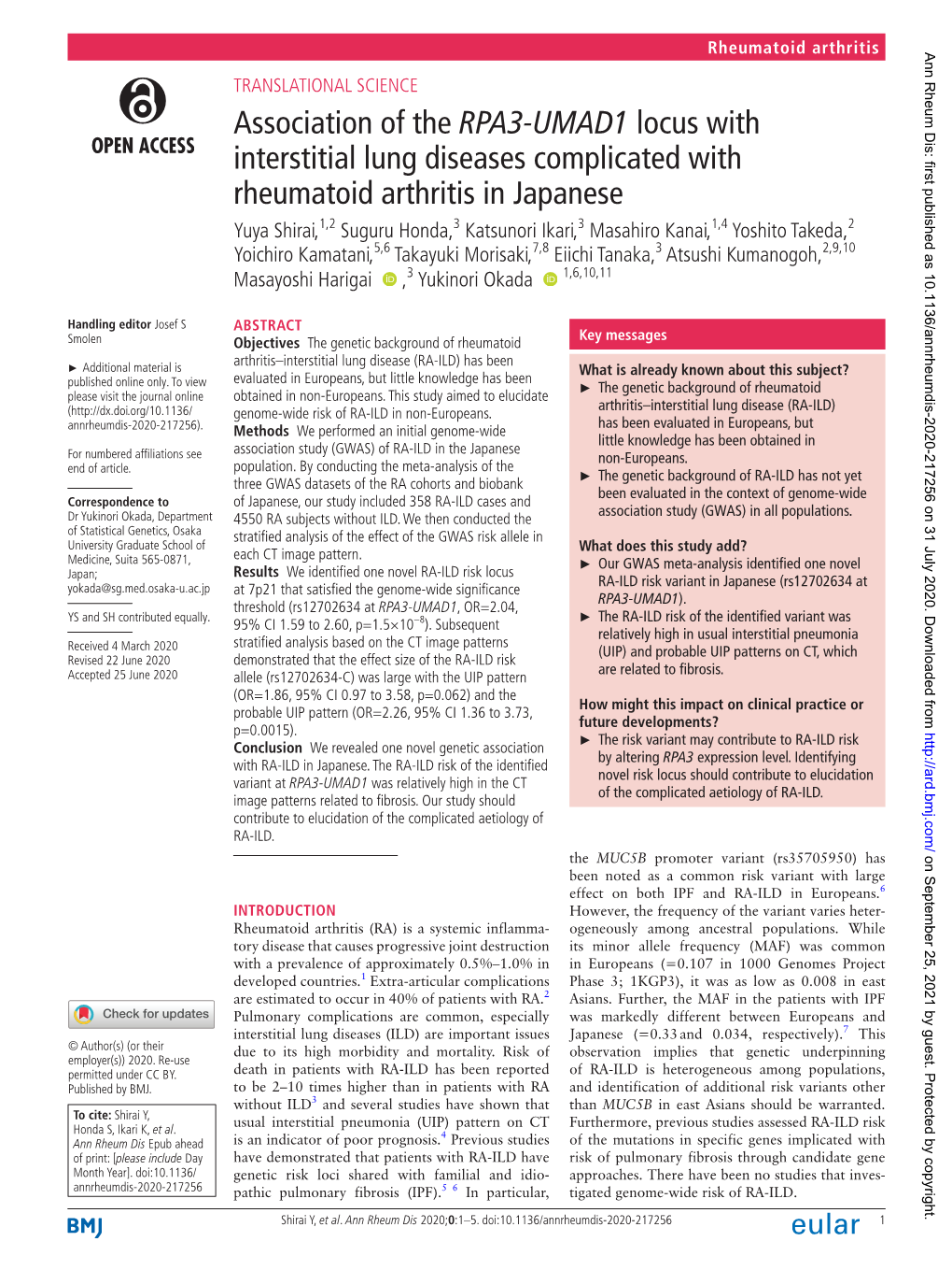 Association of the RPA3-UMAD1 Locus with Interstitial Lung Diseases