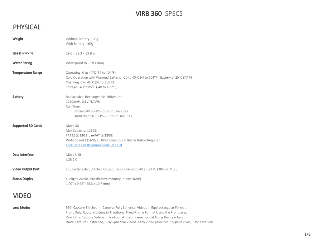 Virb 360 Specs Physical Video