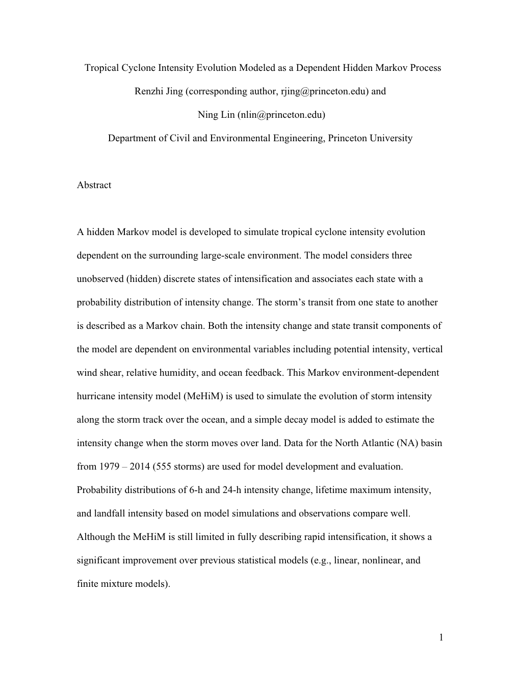 1 Tropical Cyclone Intensity Evolution Modeled As a Dependent Hidden