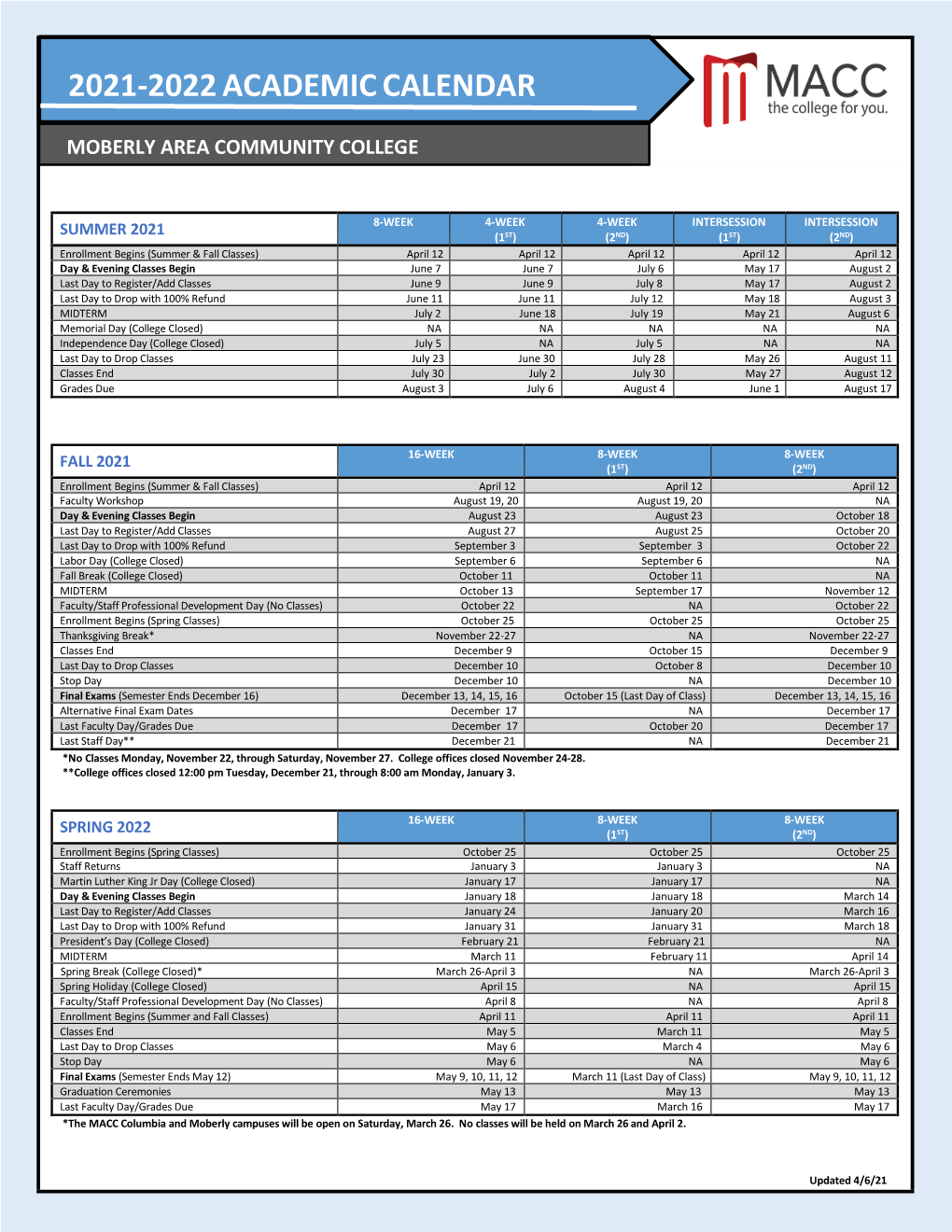 2021-2022 Academic Calendar