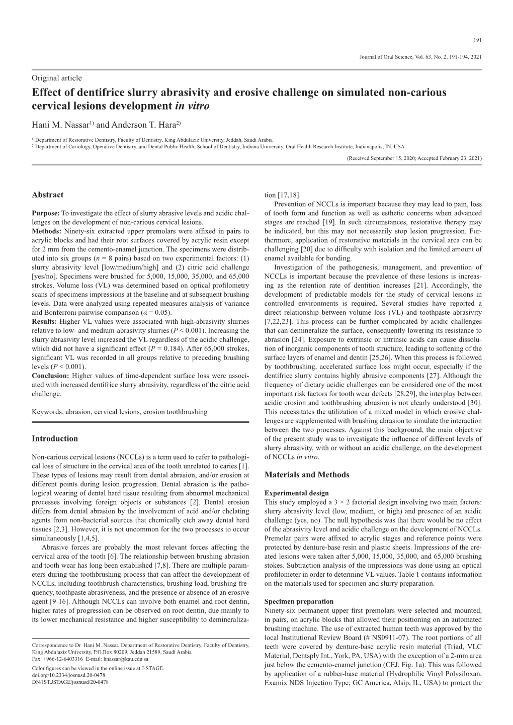 Effect of Dentifrice Slurry Abrasivity and Erosive Challenge on Simulated Non-Carious Cervical Lesions Development in Vitro Hani M