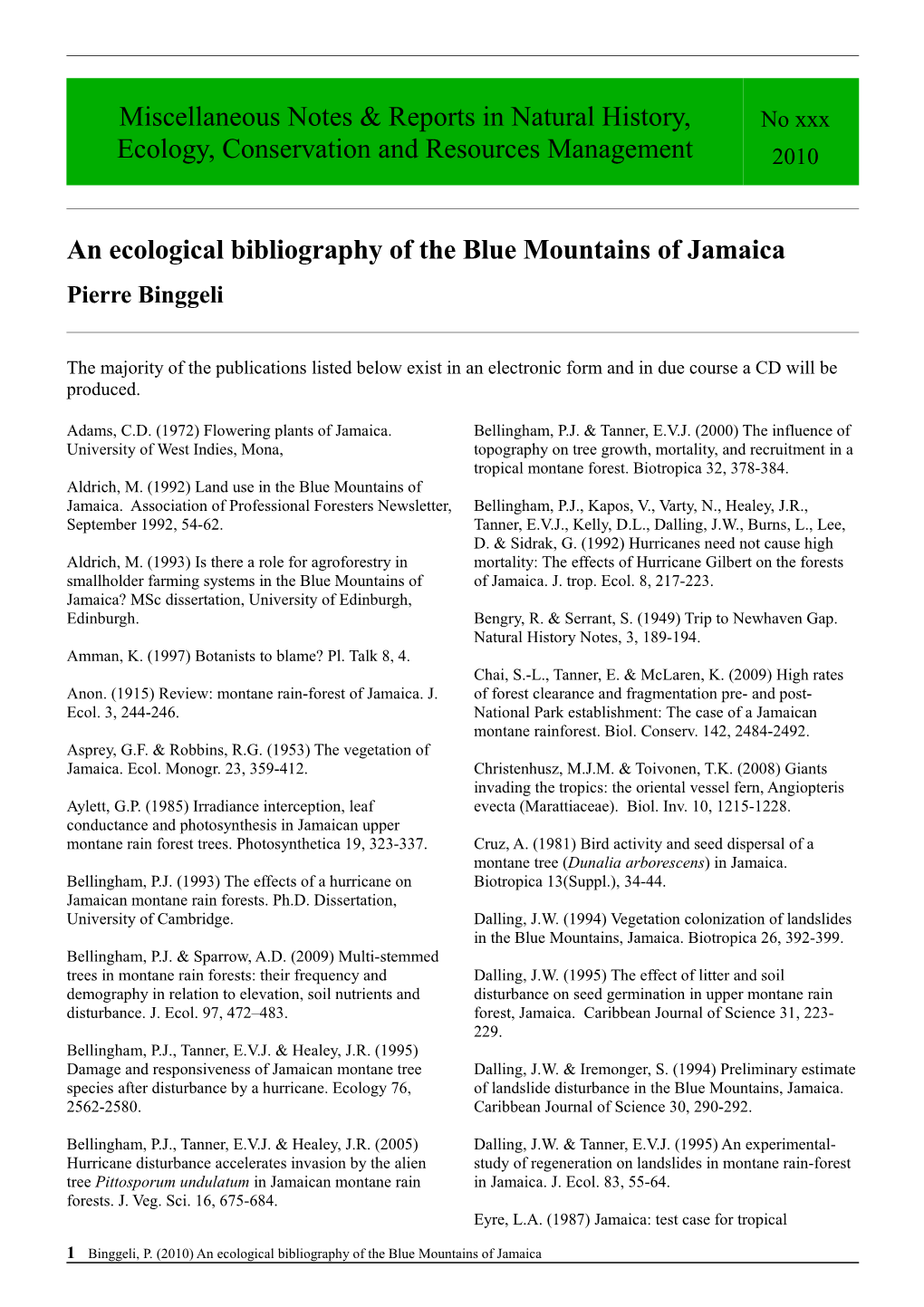 An Ecological Bibliography of the Blue Mountains of Jamaica Pierre Binggeli