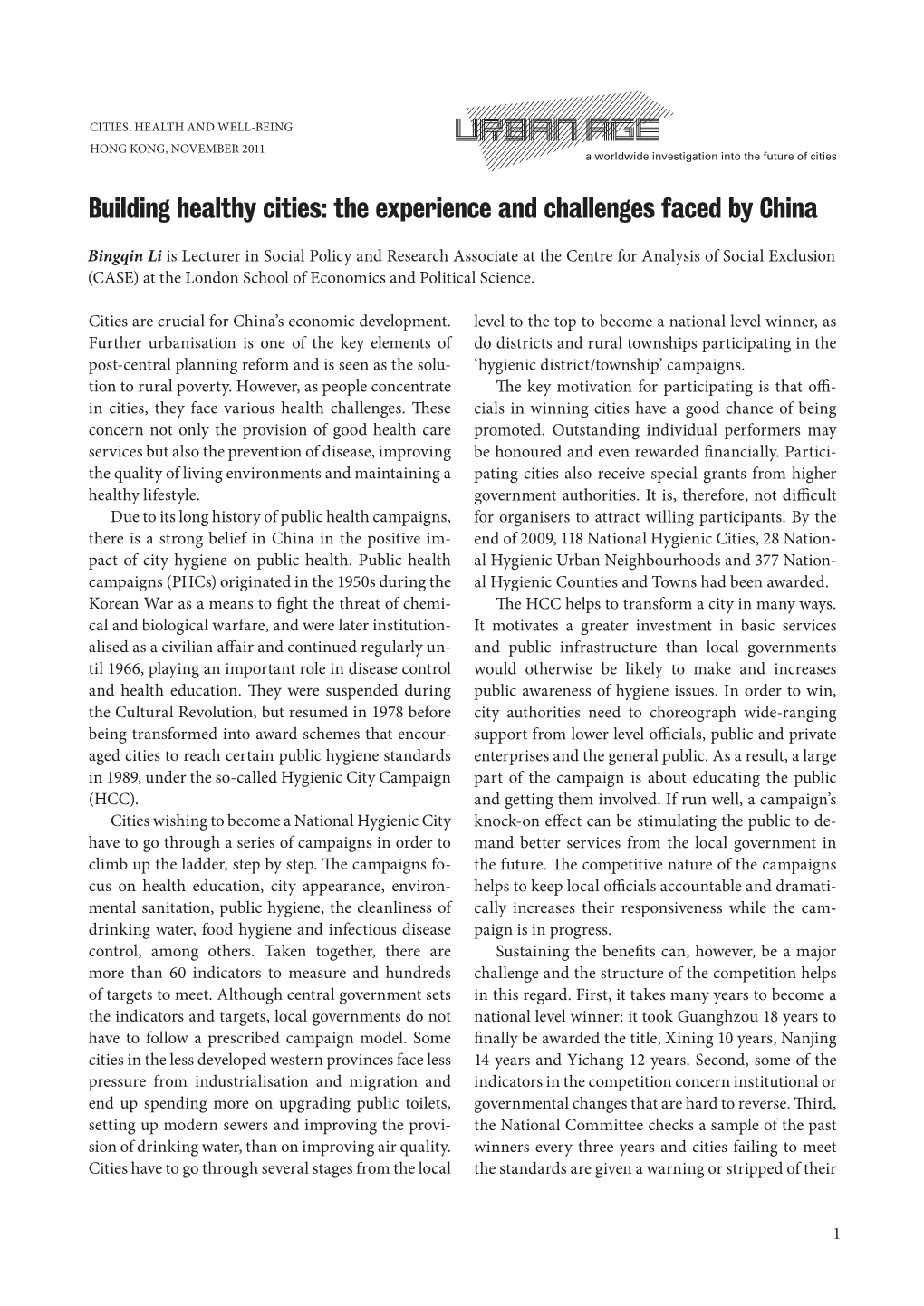 Building Healthy Cities: the Experience and Challenges Faced by China