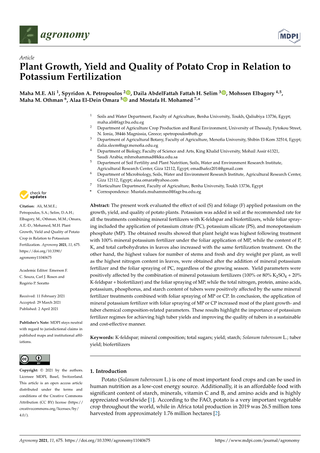 Plant Growth, Yield and Quality of Potato Crop in Relation to Potassium Fertilization