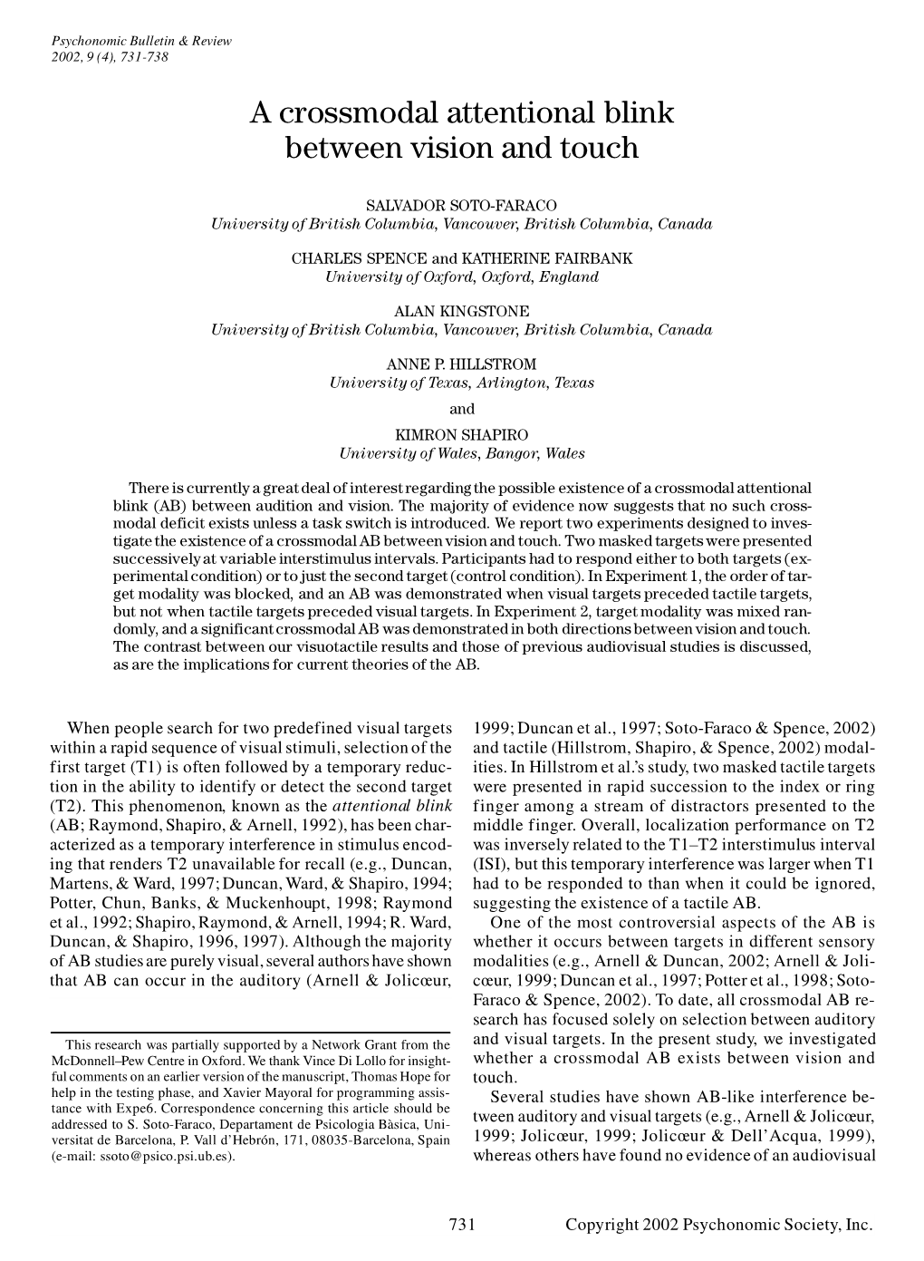 A Crossmodal Attentional Blink Between Vision and Touch