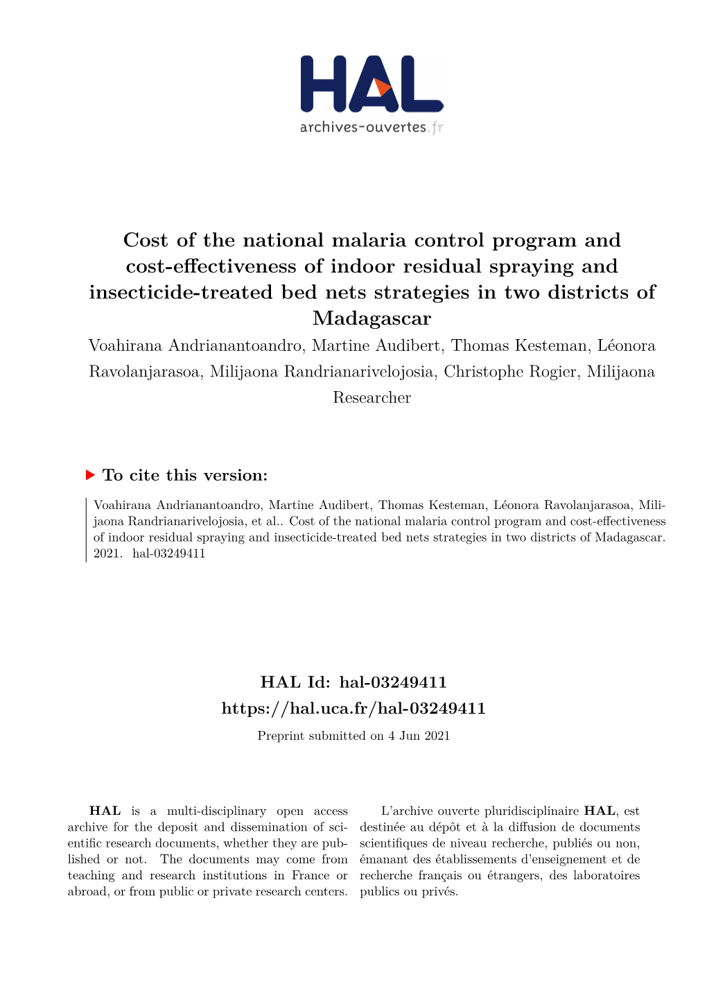 Cost of the National Malaria Control Program and Cost-Effectiveness Of