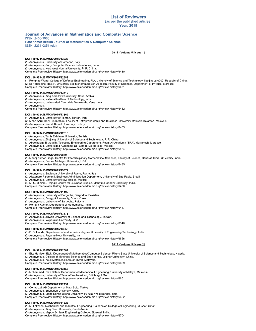 List of Reviewers (As Per the Published Articles) Year: 2015