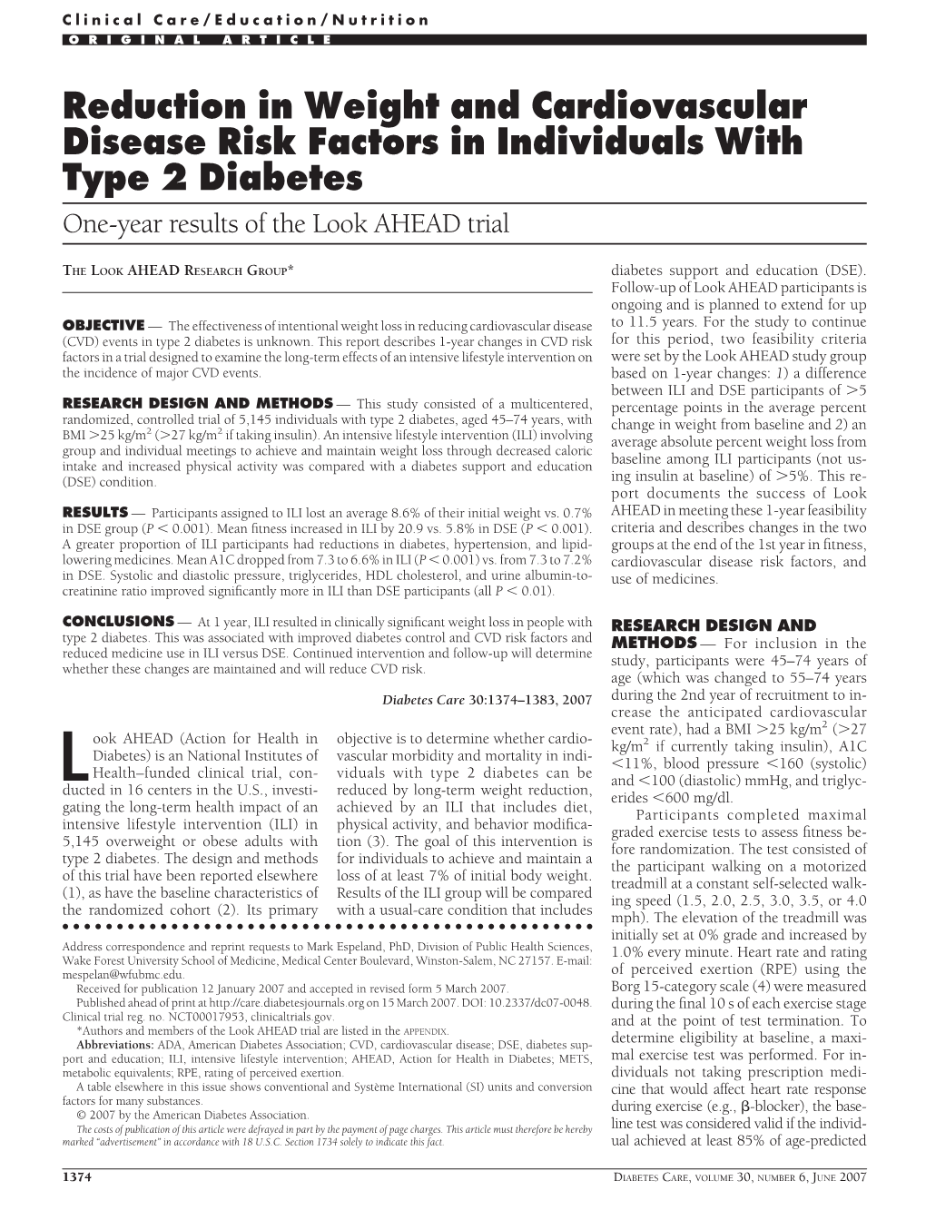 Reduction in Weight and Cardiovascular Disease Risk Factors in Individuals with Type 2 Diabetes One-Year Results of the Look AHEAD Trial