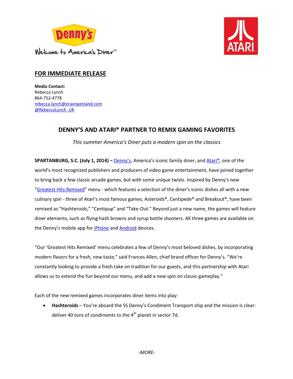 For Immediate Release Denny's and Atari® Partner To