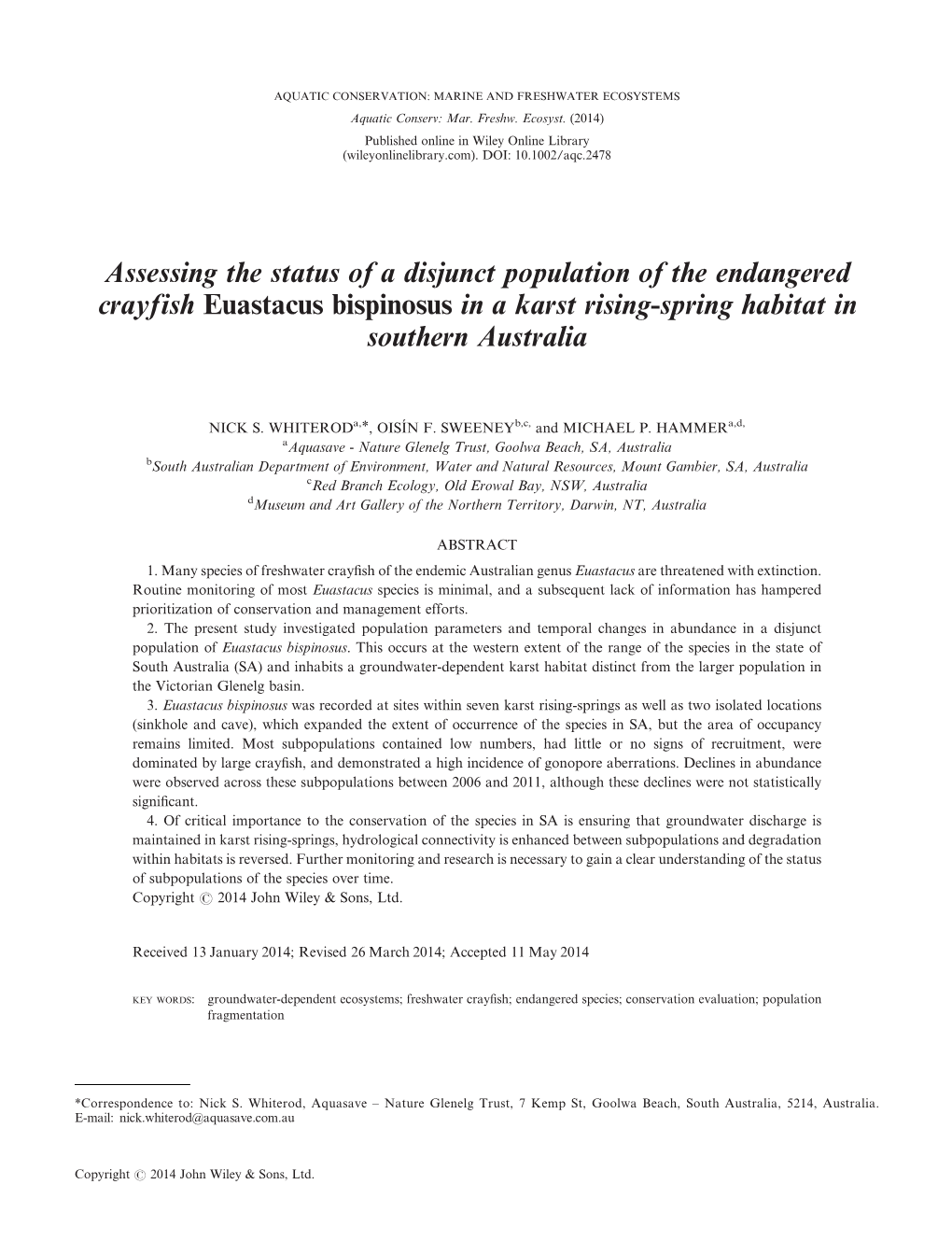 Assessing the Status of a Disjunct Population of the Endangered Crayfish Euastacus Bispinosus in a Karst Rising-Spring Habitat in Southern Australia