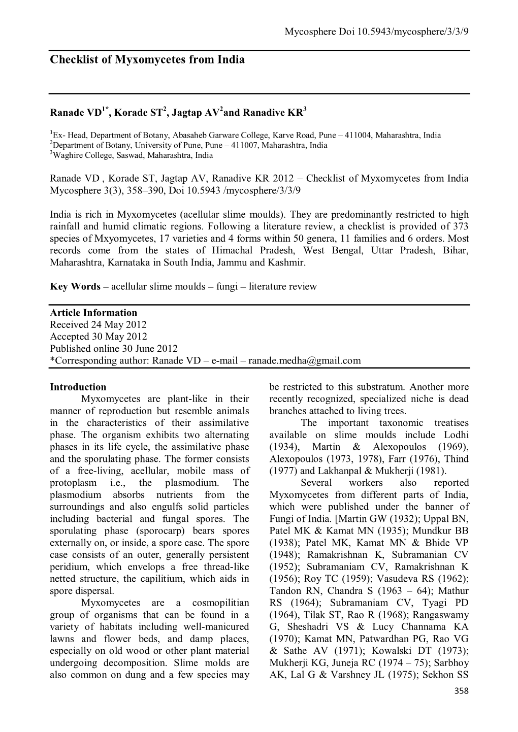 Checklist of Myxomycetes from India