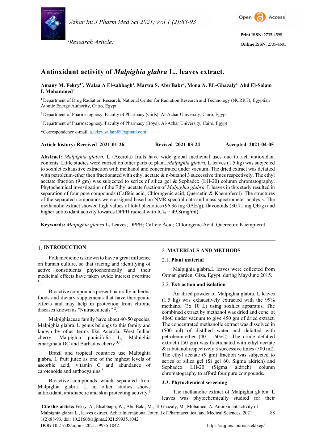 Antioxidant Activity of Malpighia Glabra L., Leaves Extract