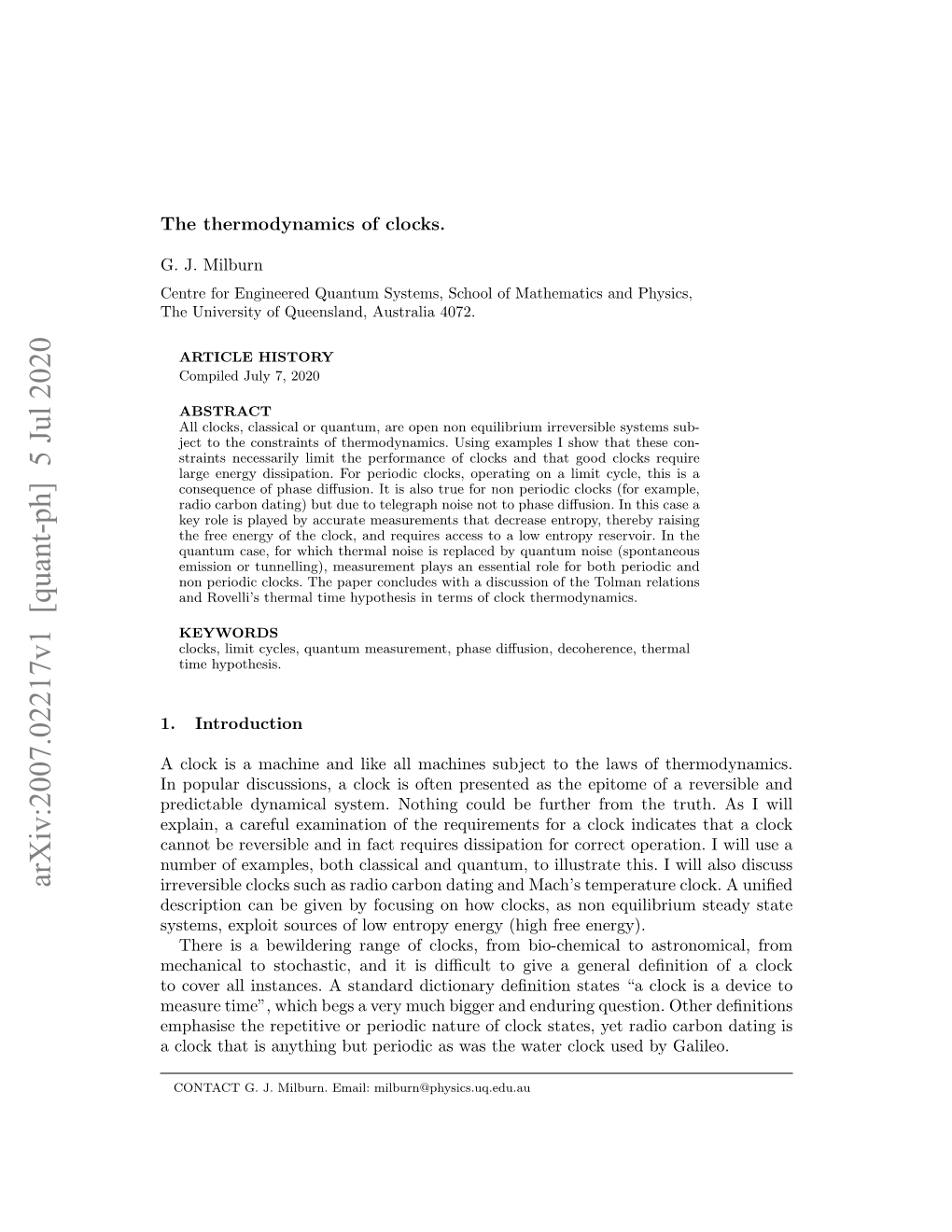 Arxiv:2007.02217V1 [Quant-Ph] 5 Jul 2020 Irreversible Clocks Such As Radio Carbon Dating and Mach’S Temperature Clock