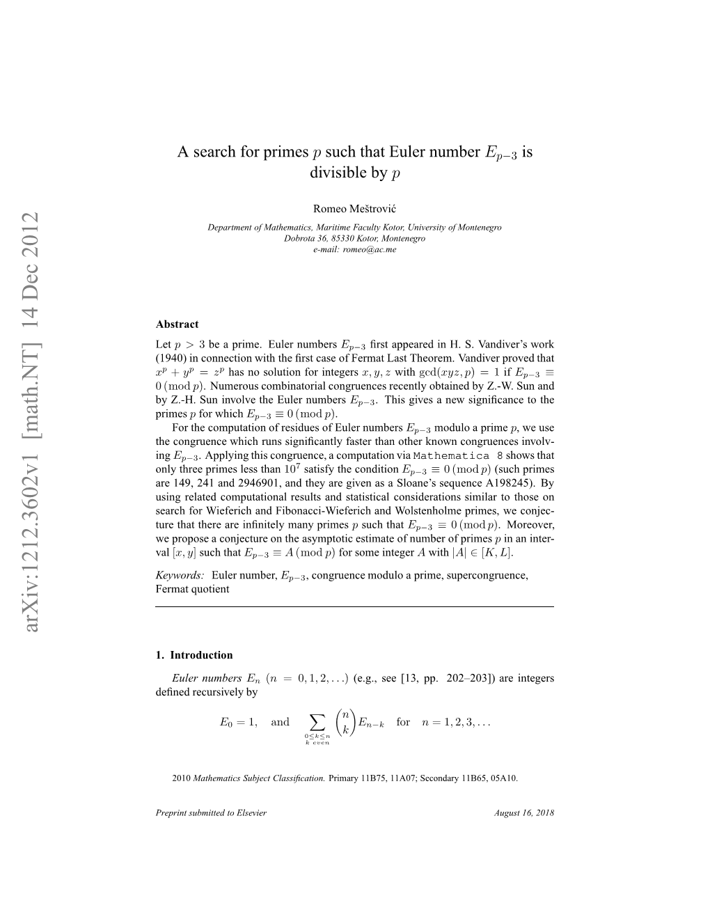 A Search for Primes $ P $ Such That Euler Number $ E {P-3} $ Is