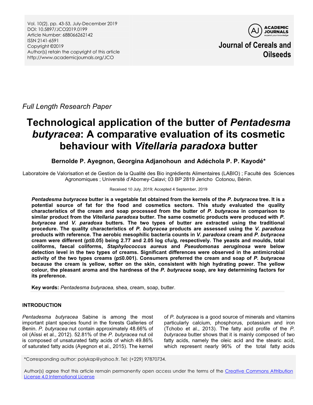 Technological Application of the Butter of Pentadesma Butyracea: a Comparative Evaluation of Its Cosmetic Behaviour with Vitellaria Paradoxa Butter