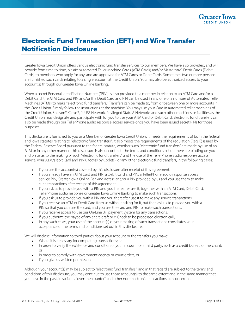 EFT) and Wire Transfer Notification Disclosure