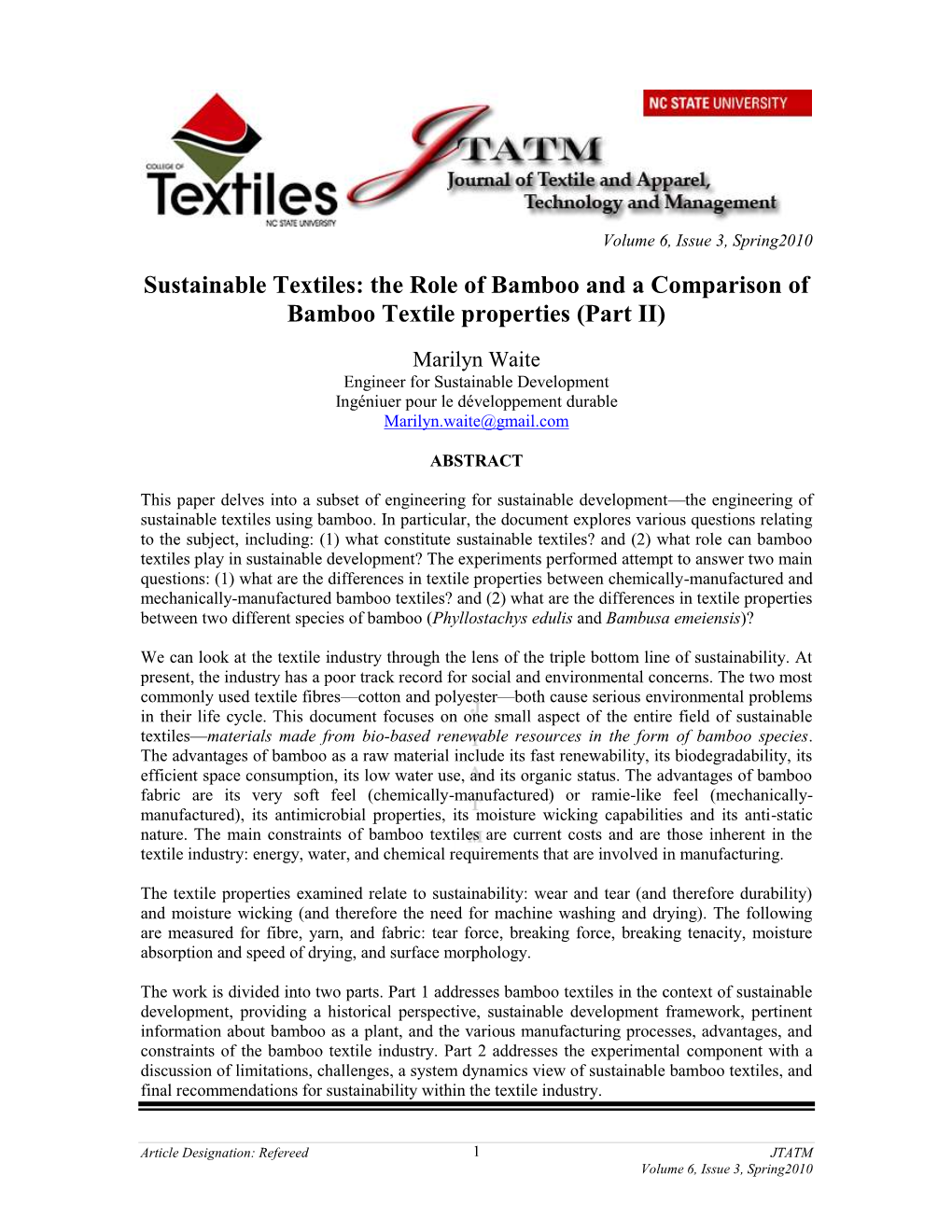 Sustainable Textiles: the Role of Bamboo and a Comparison of Bamboo Textile Properties (Part II)
