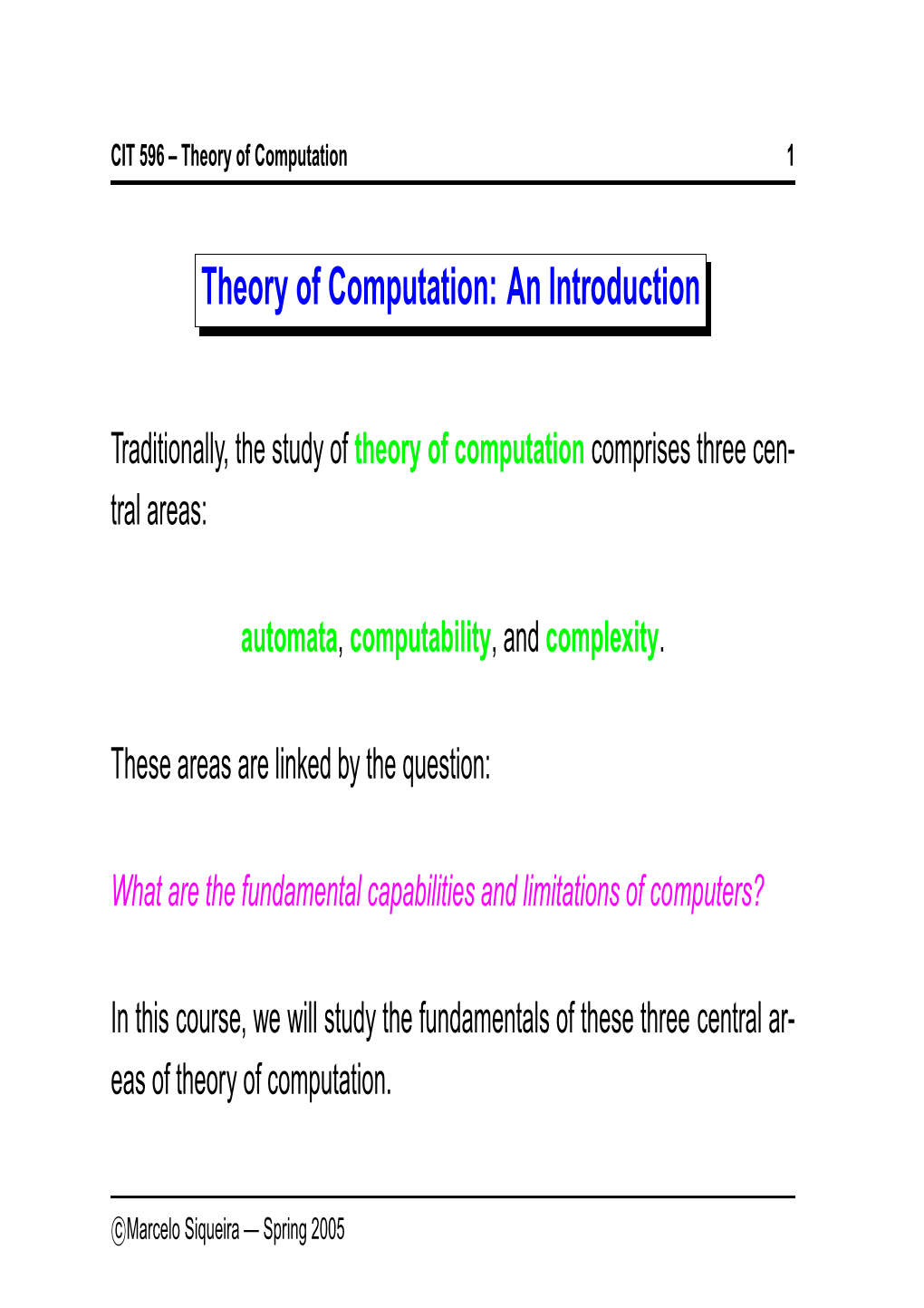 Theory of Computation: an Introduction