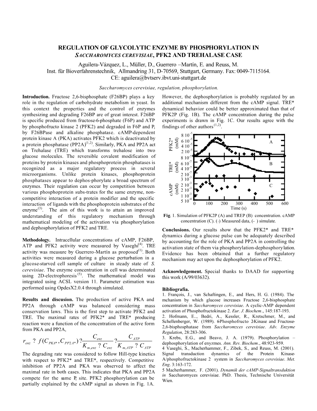 REGULATION of GLYCOLYTIC ENZYME by PHOSPHORYLATION in SACCHAROMYCES CEREVISIAE, PFK2 and TREHALASE CASE Aguilera-Vázquez, L., Müller, D., Guerrero –Martín, E