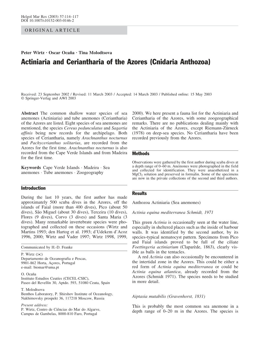 Actiniaria and Ceriantharia of the Azores (Cnidaria Anthozoa)