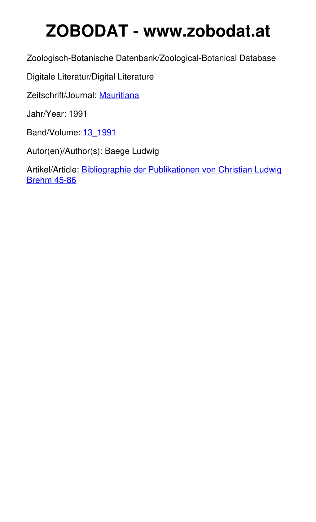 Bibliographie Der Publikationen Von Christian Ludwig Brehm 45-86 ©Mauritianum, Naturkundliches Museum Altenburg Mauritiana (Altenburg) 13 (1991) 1/2, S