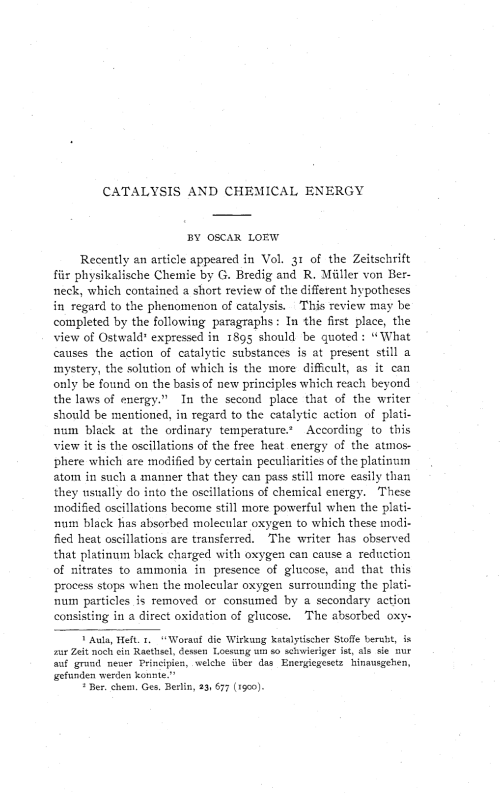 CATALYSIS and CHEXICAL ENERGY Recently an Article