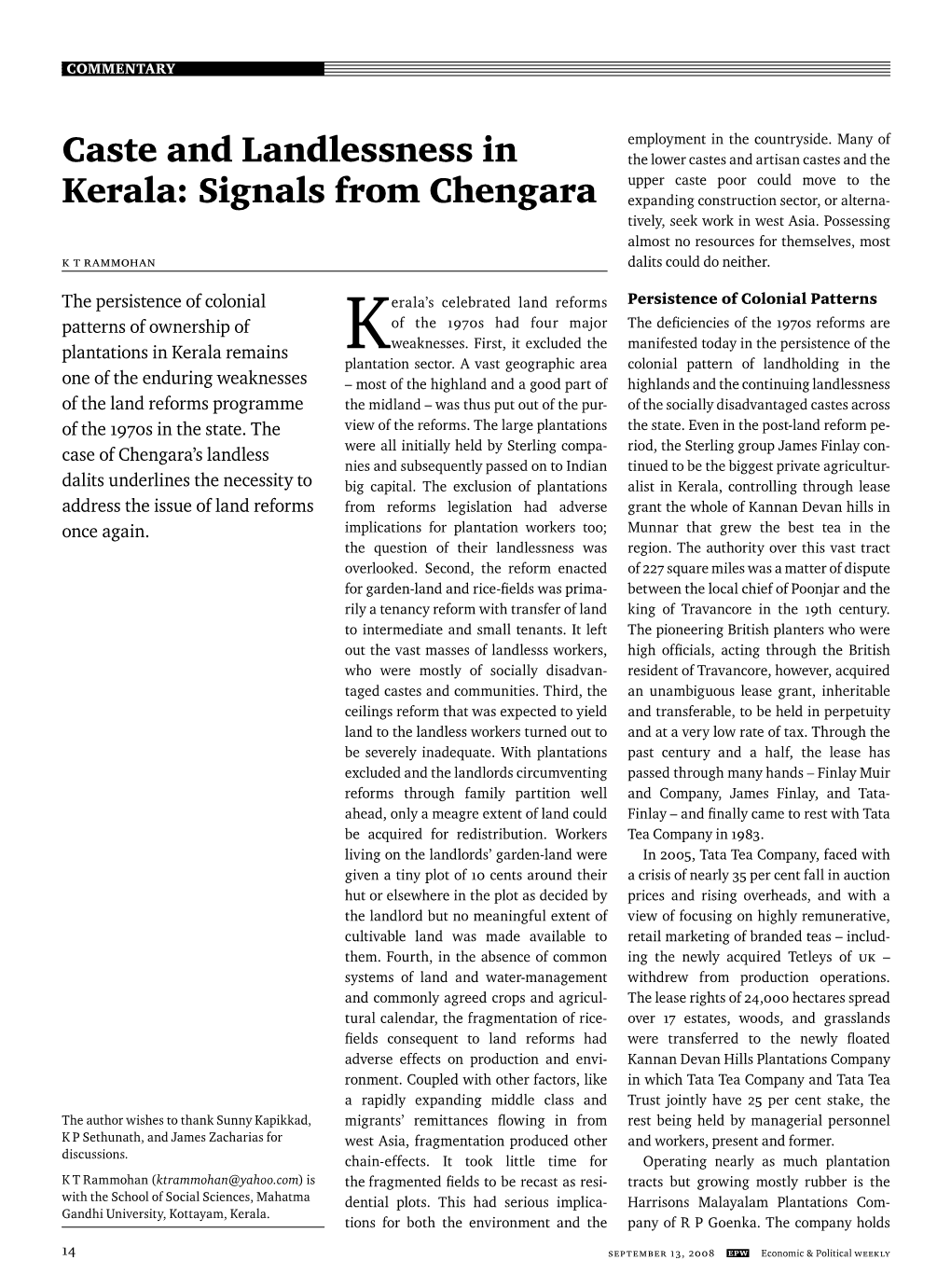 Caste and Landlessness in Kerala: Signals from Chengara