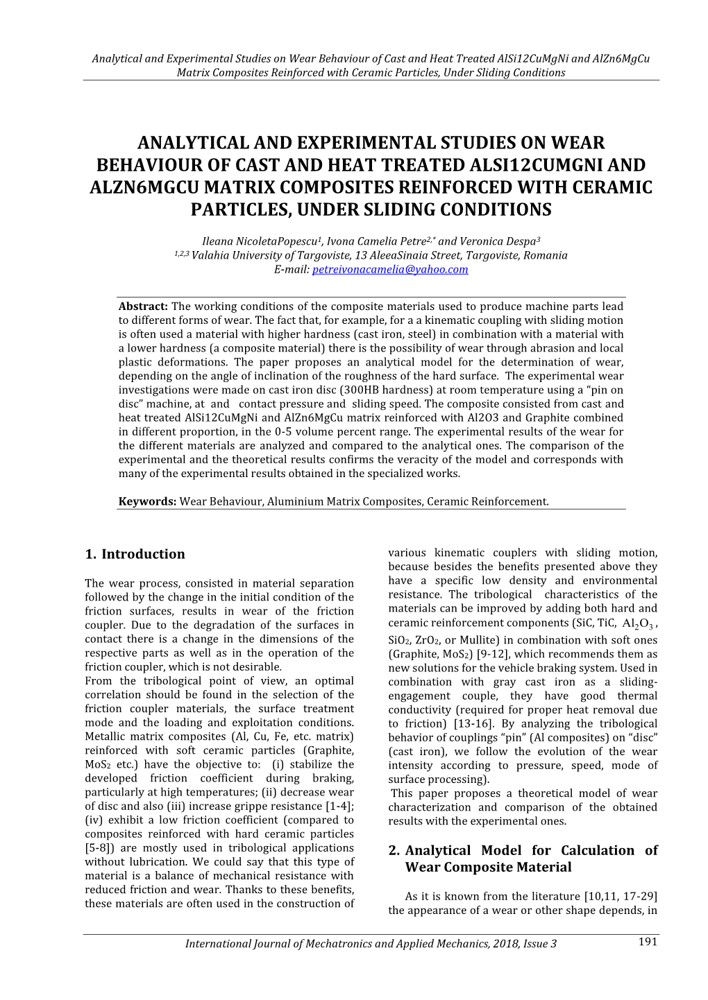 Analytical and Experimental Studies on Wear Behaviour