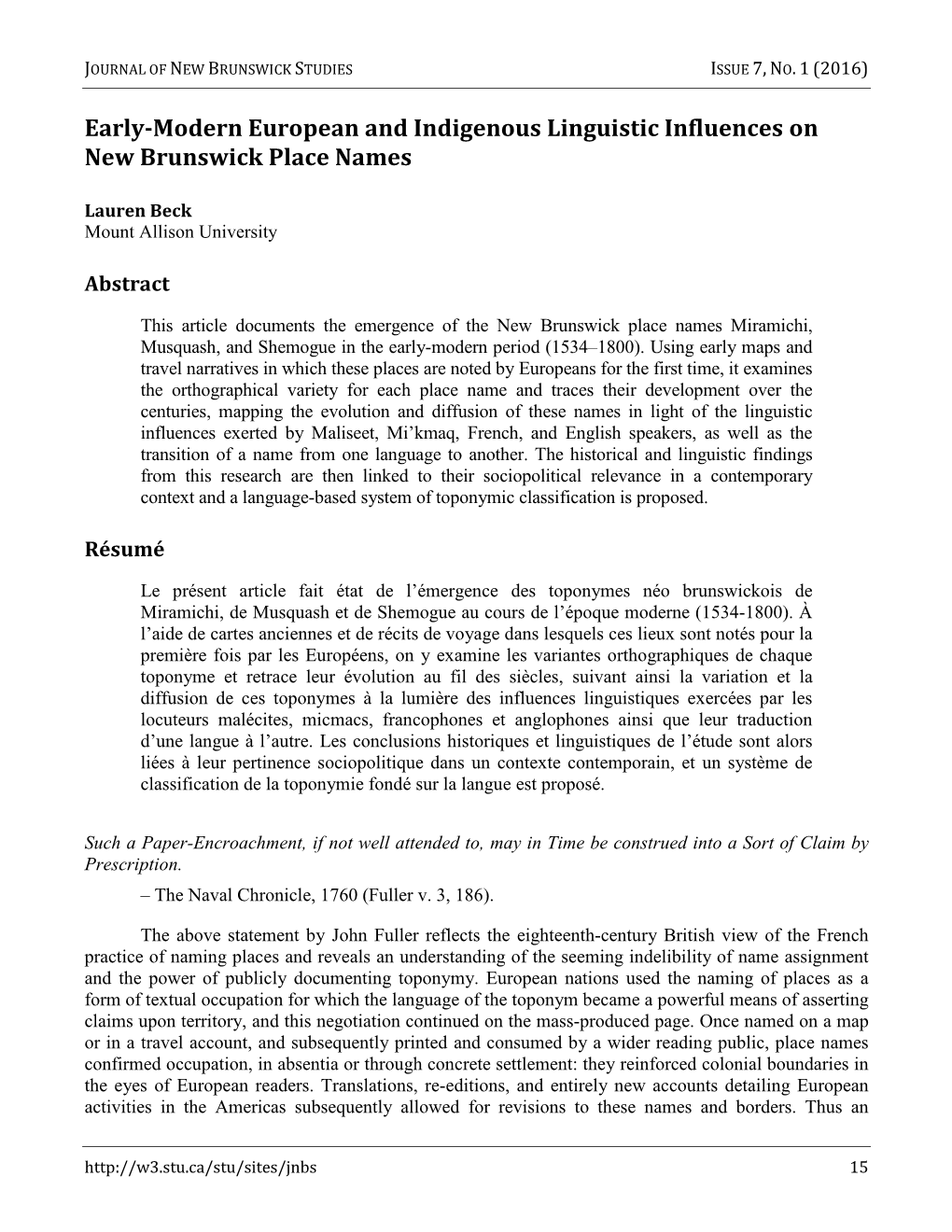 Early-Modern European and Indigenous Linguistic Influences on New Brunswick Place Names